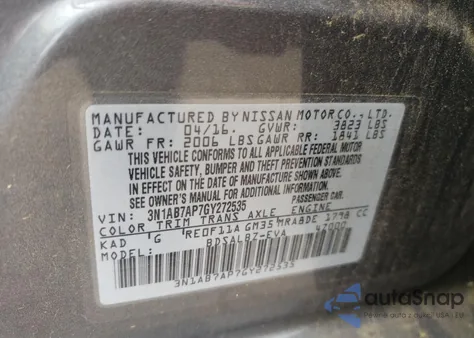 2016 Nissan Sentra S z USA, uszkodzony, nr VIN 3N1AB7AP7GY272535
